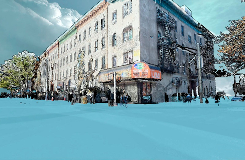 A screen capture from a 3D simulation showing water rising at an intersection in Sunset Park, Brooklyn, NY. Image: NYU.