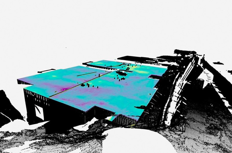 The FLAT tool's laser image was produced by taking a 360-degree scan of the concrete slab of a housing development and utilized AI-assisted algorithms developed with support from the Building Technologies Research and Integration Center. Credit: Nolan Hayes/ORNL, U.S. Dept. of Energy
