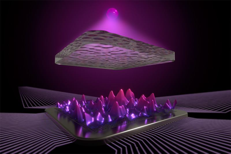 A sphere (top) is positioned above a cloudy glass plate (center) so that the light it emits creates a complex pattern on the screen (bottom). The position of the sphere can be determined by analyzing the image data using artificial intelligence. The precision of the position determination is very close to the ultimate resolution limit determined in this work. &copy; TU Wien / oliver-diekmann.graphics.