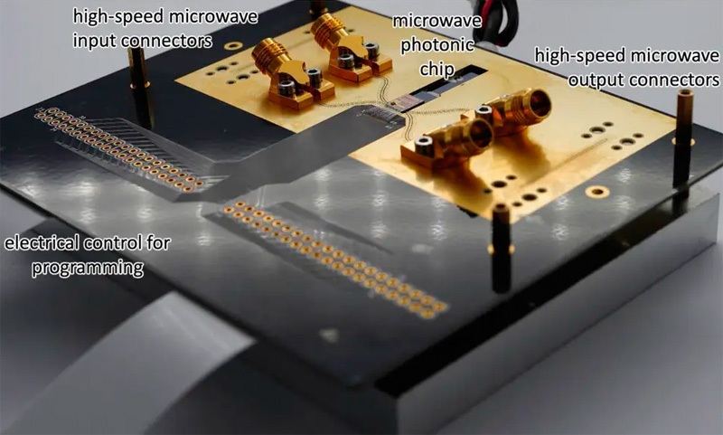 Packaged microwave photonics chip, with two high-speed inputs and two outputs, and control wires for programming the filterresponse and the input-output connections. The fiber array has not yet been connected in this pictured situation. Image: imec.