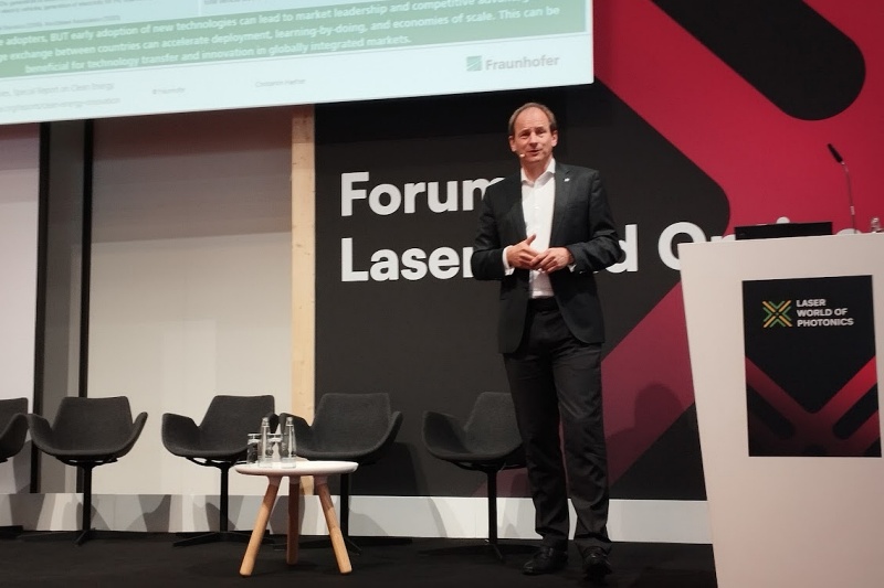 Fraunhofer ILT's Constantin HÃ¤fner speaking at the LASER World of Photonics technology forum on laser fusion technology on June 24, 2025.
