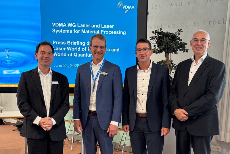 (l-r): Dr. Sven Breitung (VDMA), Dr. Stefan Ruppik (Coherent), Dr. Hagen Zimer (TRUMPF), and Dr. Christoph Ullmann (Laserline) at the LASER 2025 trade show in Munich, Germany. &copy; Coherent.