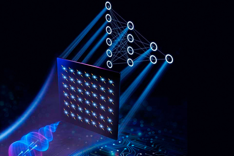Artist's illustration of the RAVEN technique, which measures a complex light pulse using micro foci and spectral dispersion, which is then fed into a neural network for retrieval. Credit: Ehsan Faridi