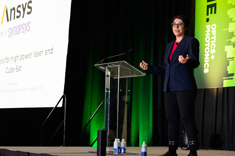 Sara Karami of Ansys Inc, discusses structural thermal optical performance analysis for high-power lasers and cube satellites. Photo: Joey Cobbs / SPIE.