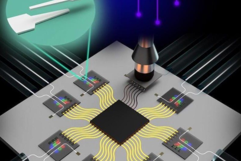 The MIT device in the green callout could be key to faster, more energy-efficient data communication. It solves a major problem associated with packaging an electrical chip (black, center) with photonic chips (the eight surrounding squares). This image also shows an automated tool placing the final photonic chip into position. Image courtesy of Drew Weninger, MIT