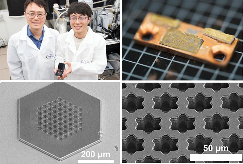 Top left: Prof. Wang Qijie from NTU Singapore's School of Electrical and Electronic Engineering and School of Physical and Mathematical Sciences and Dr. Cui Jieyuan from NTU Singapore's EEE. Credit: NTU Singapore.
Other images: The chip with the hexagon-shaped laser cavities; the periodic arrangement of daisy-shaped airholes in the laser cavity reduces light loss by leakage, scattering and radiation; and close-up view of the holes. Credit: NTU Singapore. 