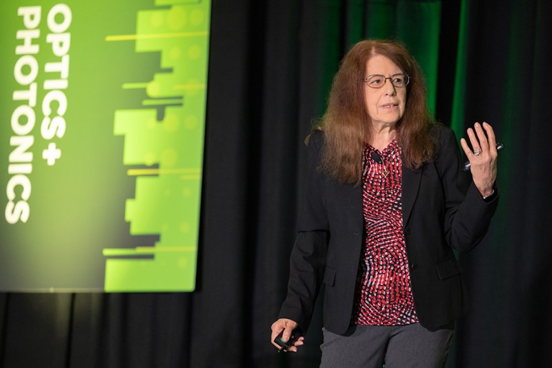 Ruth Shinar of Iowa State University of Science and Technology delivers a plenary talk on promising applications of organic electronics at SPIE Optics + Photonics 2025. Photo: Joey Cobbs / SPIE.