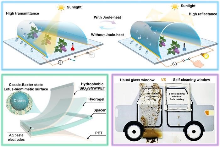 Via assembling the all-flexible multilayers of hydrophobic-coating/transparent-heater/hydrogel/PET, the window with lotus-analogous surface can be in-situ switched between a clear-status and an opaque status according to the user's request, thereby achieving thermal regulation in 2D/3D scenarios. Credit: Chao Chen, Sijia Guo, Long Zhang, Bingrui Liu, Zhaoxin Lao, Shuyi Li, Yanlei Hu, and Dong Wu. 