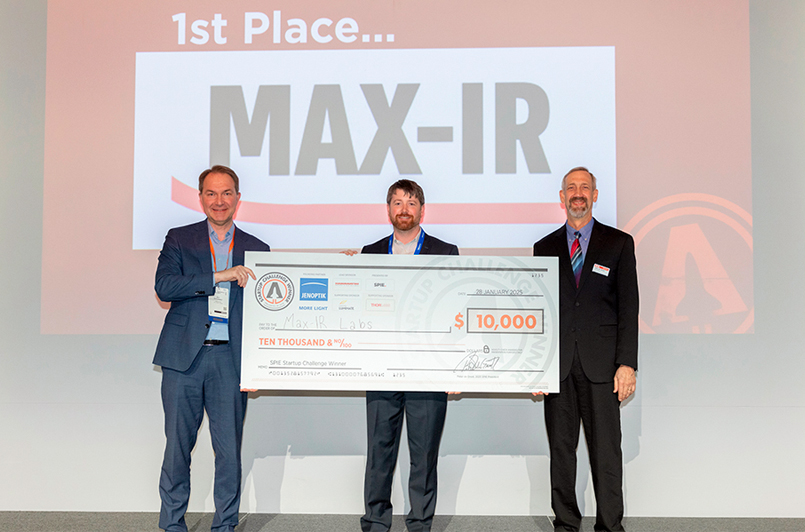 Jenoptik's Ralf Kuschnereit, 2025 SPIE Startup Challenge winner Max-IR Labs' Trey Daunis, and 2025 SPIE President Peter de Groot. Photo: SPIE.