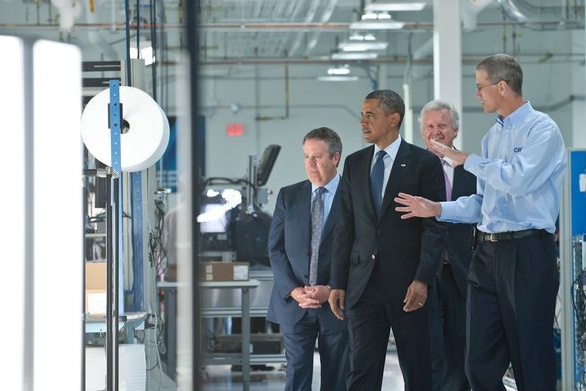 Barack Obama tours the LED troffer manufacturing line at Cree's headquarters in Durham, North Carolina. The company has built a new manufacturing facility since Obama's last visit in 2008, and is already embarking on further expansion. Photo courtesy of Cree via Twitter. 