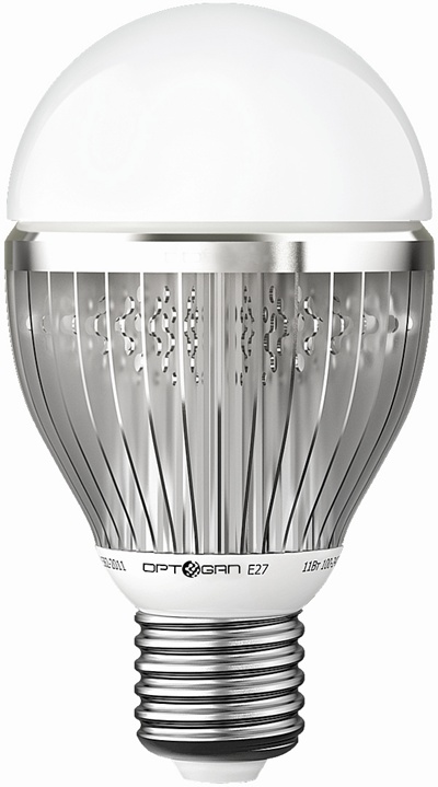 Optogan's 60 W LED replacement, just launched in Russia and set to go global next year. This bulb has a launch price of 995 Rubles ($33), but by the end of next year an updated version should be available for less than $20 - seen by the company as the tipping point at which the consumer LED replacement market will take off. Credit: Optogan.