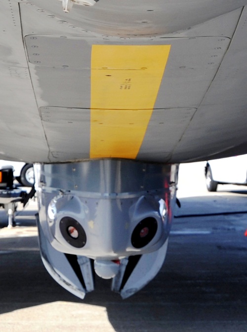 A large-aircraft IR countermeasures system pod, attached to a KC-135 Stratotanker at Scott Air Force Base, Illinois. The pod is a laser-based countermeasures system designed to detect and employ countermeasures against infrared-guided surface-to-air missiles. Raydiance is working to develop a femtosecond pulse laser that would result in much more compact IRCMs, and where the pulses can be tuned to defeat more advanced threats. Credit: U.S. Air Force Photo/Master Sgt. Scott T. Sturkol.