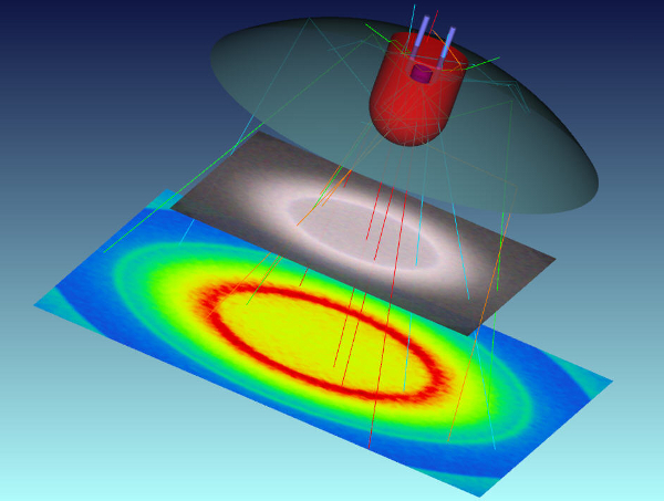 A simple LED model constructed from native Zemax objects. Photometric and Colormetric data can be viewed separately or rendered in the shaded model.
