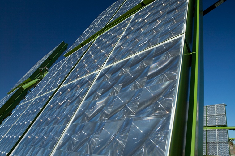 GreenVolts had developed its own particular take on concentrated PV, using lots of optics to provide a very high x1300 concentration ratio. Credit: GreenVolts.