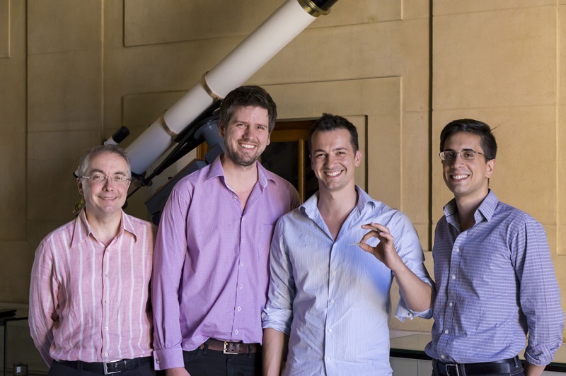 The University of Sydney team, with the new metamaterial lens. From left: Professor Simon Fleming, Dr Boris Kuhlmey, Alessandro Tuniz and Dr Alexander Argyros. Credit: University of Sydney.