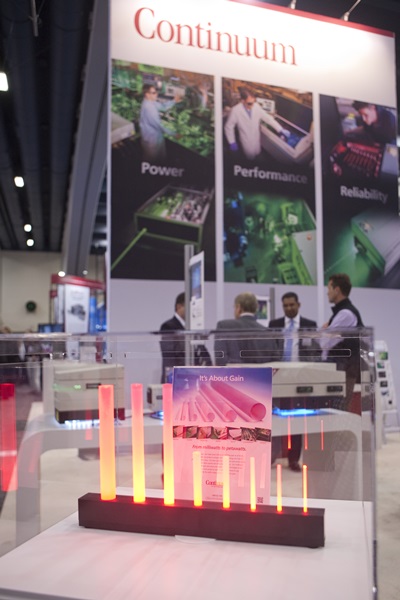 GSI subsidiary Continuum's glowing laser rods on show at the Photonics West trade exhibition last month. Credit: Joey Cobbs/SPIE.