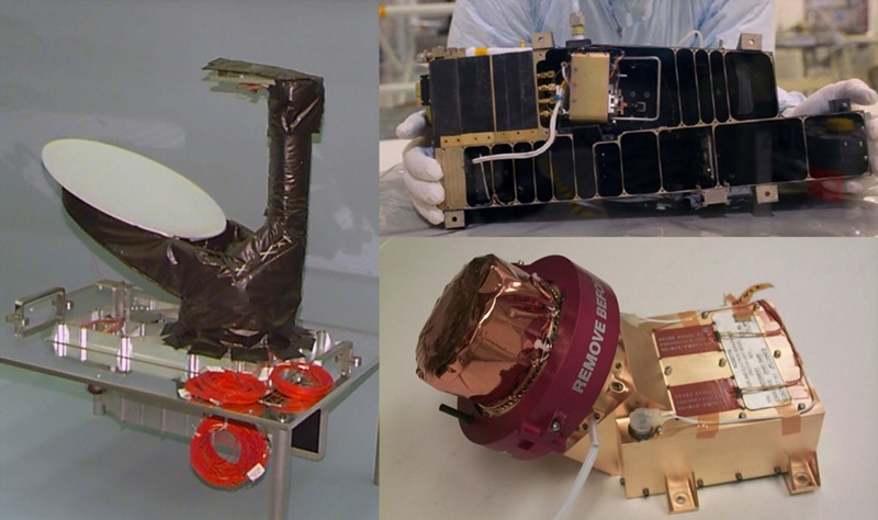 Three of NASA's contributions to the European Space Agency's Rosetta mission are pictured here. The ALICE ultraviolet spectrometer is shown at top right. Credit: NASA.