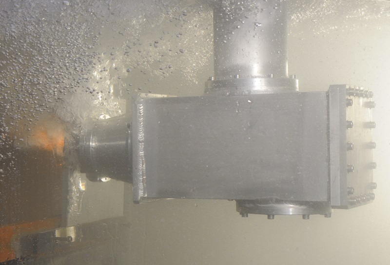 The LaserSnake2 project is trialling an underwater cutting head, shown here cutting a 12 mm thick stainless steel plate. Credit: TWI.