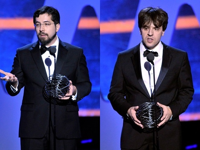 MIT's Ed Boyden (l) and Stanford's Karl Deisseroth receive their awards at the Breakthrough Prize gala ceremony in Silicon Valley. The pair have pioneered the emerging field of optogenetics - where light can be used to control certain aspects of brain function. Photo: Steve Jennings/Getty Images.