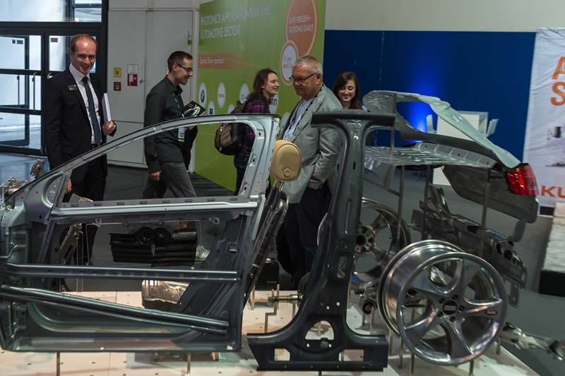 Automotive applications were a predictably strong theme in Munich, with a wide array of conventional laser manufacturing approaches and newer additive processes vying for attention on the floor of Hall A3. Photo: Messe M&uuml;nchen.