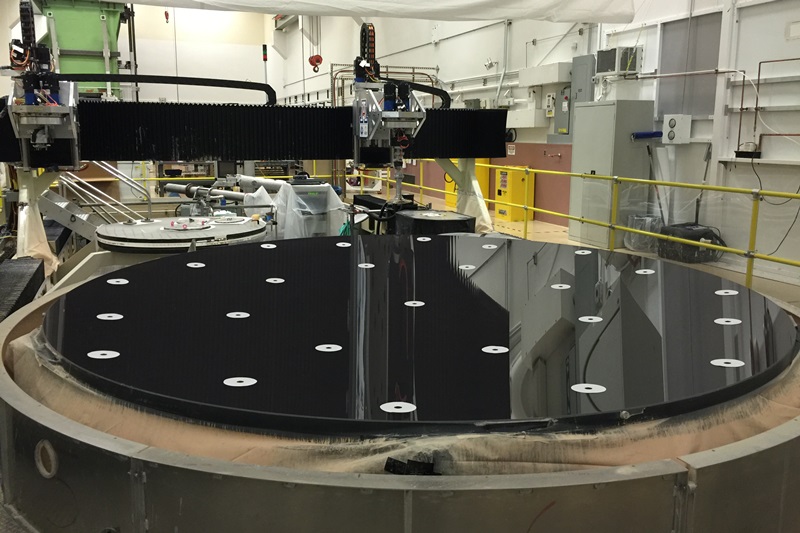 Providing the large-area aperture needed to observe the sun in unprecendented detail is this primary mirror. Last month it was being polished and said to be nearing final specification at the University of Arizona's College of Optical Sciences. This image was taken during a metrology check between polishing runs on July 13. Photo: NSO/AURA/NSF.