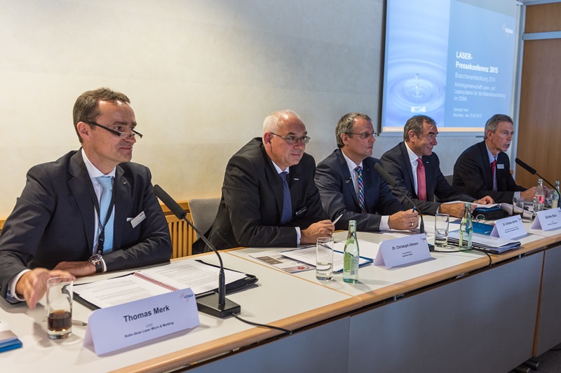 New Rofin CEO Thomas Merk, shown here on the far left at the recent Laser World of Photonics event in Munich, during a press conference held by the VDMA. His predecessor CEO G&uuml;nther Braun is pictured second from the right. Photo: Messe M&uuml;nchen.