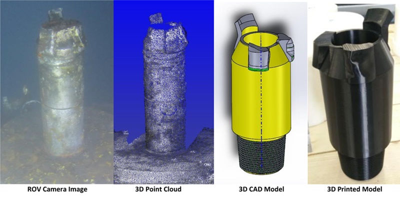 Subsea lidar scanning of the damaged well stub created a point-cloud of data, from which a CAD model and then a 3D-printed replica could be produced. Images: 3D at Depth/Fugro.