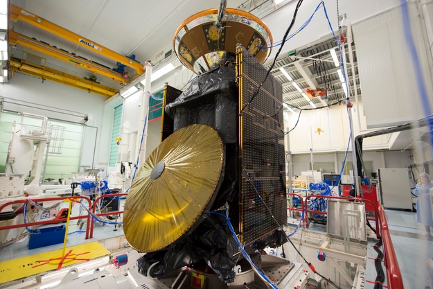 The first of two ExoMars missions features a whole host of optics and photonics equipment to search for sources of methane and other signs of Martian life, as well as recording what promises to be a dramatic descent by the Schiaparelli module. The landing module (at the top of the image) and the larger trace gas orbiter are seen here during vibration testing at Thales Alenia Space, in Cannes, France, last year. Photo: ESA-S. Corvaja, 2015.