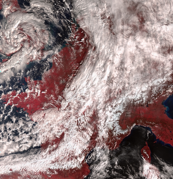 Storm Jake crossing the UK in March (at top left of image) - as seen by the newly launched Sentinel-3A satellite. The instruments on board the payload include the Ocean and Land Colour Instrument (OLCI), a five-camera spectrometer able to collect 21 programmable spectral bands; and the Sea and Land Surface Temperature Radiometer (SLSTR), providing a suite of visible and infrared radiance measurements. CCD sensors from e2v provide the 