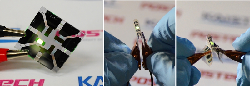 A graphene electrode, sandwiched between layers of titanium dioxide and conducting polymers, forms the basis for this flexible OLED under development at KAIST in Korea. Photo: KAIST.