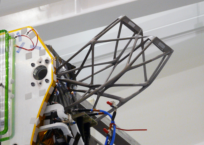 Europe's largest additively-manufactured part: an antenna support for satellites made of aluminum (dimensions: x: 447 mm; y: 204.5 mm; z: 391 mm3 - excluding height of build plate) produced on an X line 1000R from Concept Laser.