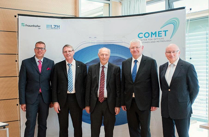 From L to R:Prof. Dr. Andreas T&uuml;nnermann (Director, IOF), Prof. Dr. Detlev Ristau Head of Department LZH, Prof. Dr. Dr. Herbert Welling (Founder LZH), Prof. Dr. Norbert Kaiser, Deputy Director IOF, and Prof. Dr. Wolfgang Ertmer. Image: LZH / Fraunhofer IOF.