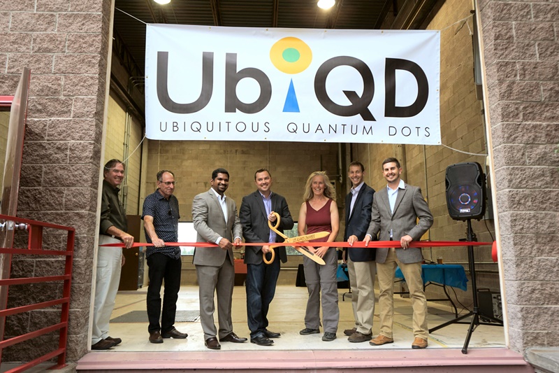 The UbiQD team celebrates the opening of its new quantum dot manufacturing facility in Los Alamos, New Mexico on July 29. Pictured (l-r) are: board members Dudley McDaniel and Colin Cumming, director Karthik Ramasamy, founder and president Hunter McDaniel, board member Katharine Chartrand, director Aaron Jackson, and director Matt Bergren. Photo: UbiQD.