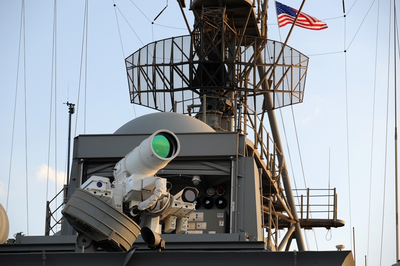 A laser weapon prototype shown aboard USS Ponce in late 2014. The system has been used in the Persian Gulf, where it is reported to have performed 'perfectly'. Photo: John F. Williams/US Navy.