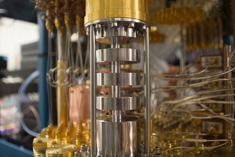 A mixing chamber that forms part of IBM's prototype quantum computers. This particular variation of quantum technology is thought to be at least a decade away from any commercialization but other types of quantum sensing and communications applications are likely to become big business much sooner. Photo: IBM Research.