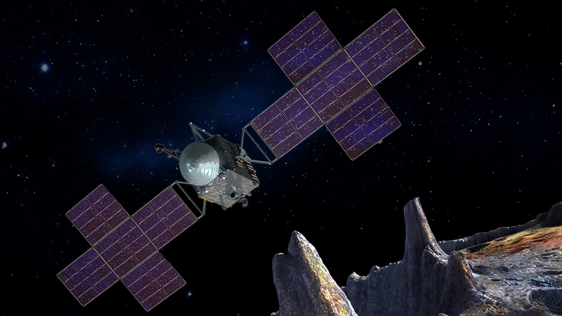 Appearing to comprised of exposed nickel-iron, Psyche is an extremely unusual asteroid. The ASU-led scientific team hopes that closer inspection will reveal secrets about how planetary cores are formed, with the imagery and data collected beamed back to Earth via a high-speed laser link. Image: NASA JPL.