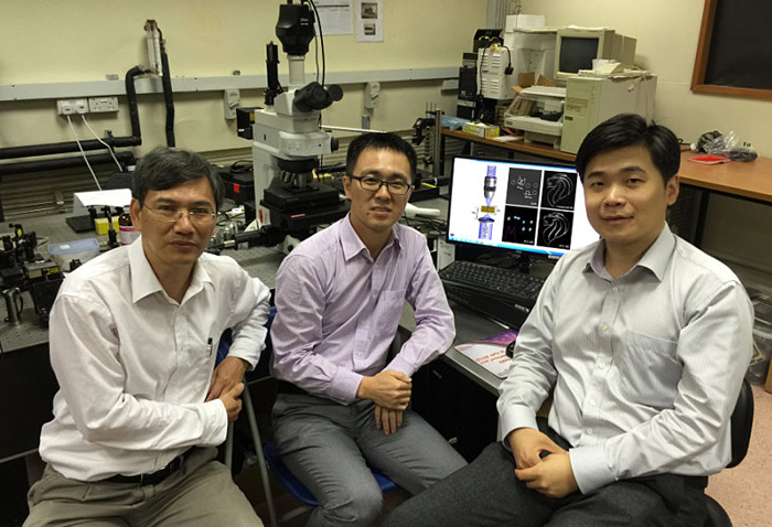 The researchers from the National University of Singapore's Faculty of Engineering has developed a novel lens for super-resolution imaging which breaks resolution limitations in microscopy and has potential applications in high precision failure inspection and biological research. (L-R) Professor Hong Minghui, Dr Qin Fei and Associate Professor Qiu Cheng Wei.
Credit: Image courtesy of National University of Singapore.