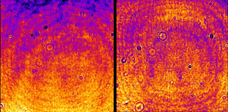 Standard manufacturing techniques produced coated GDS optics with 14-16 per cent contrast in diffraction efficiency (left) and were unusable. Improved techniques including a sol-gel process reduced the contrast to an acceptable 8-12 percent (right). Image: LLNL.