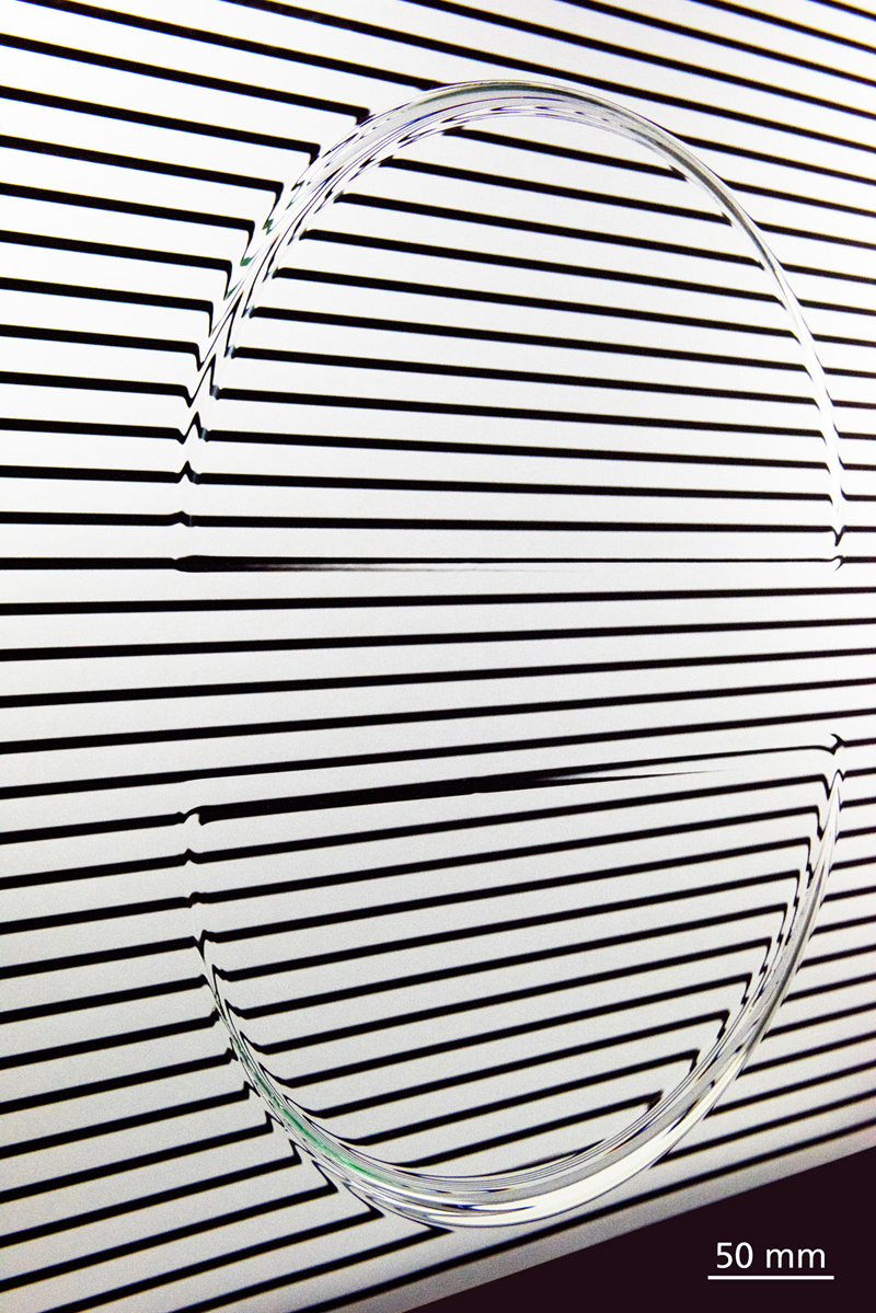  Prototype sheet glass with curvatures on both sides.Prototype sheet glass with curvatures on both sides: the flat areas are undistorted and free of pressure marks. &copy; Photo Fraunhofer IWM