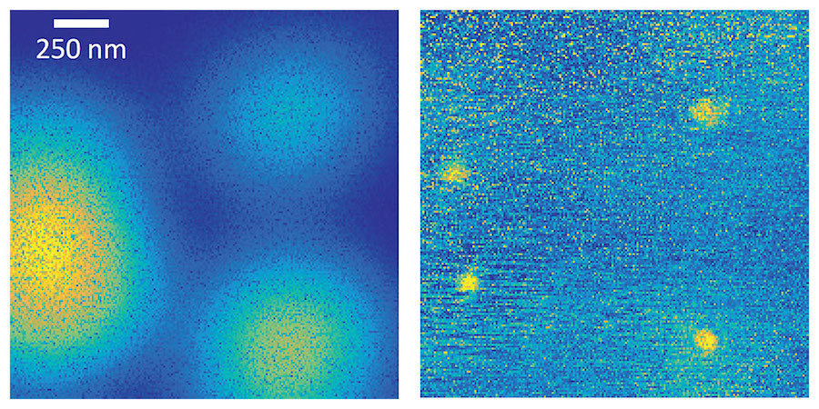 Four quantum dots in a semiconductor, imaged with (left) a normal microscope, and (right) the new method. Credit: University of Basel, Department of Physics. 