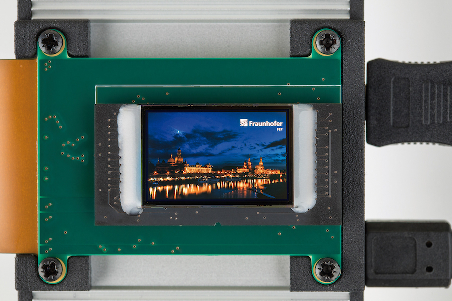 The one-inch WUXGA OLED microdisplay developed by the LOMID project could be a significant step forward in VR applications. Credit: Fraunhofer FEP.