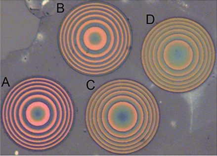 Four ultrathin metalenses developed by University of Washington / Taiwan researchers and visualized under a microscope. Image: Nano Letters.