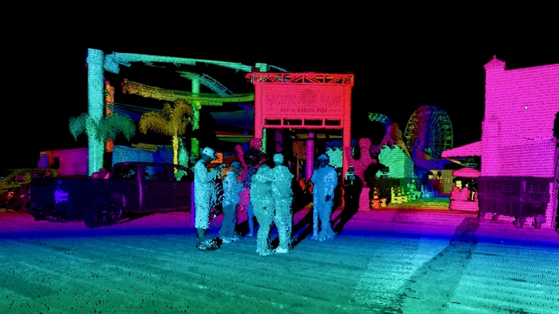 Luminar and Volvo say that their lidar technology for autonomous cars is now able to detect and analyze pedestrian body language sufficiently well that it can predict subsequent behavior. They are showing off the technology at a motor show in Los Angeles; this 3D image was captured at Santa Monica pier. Image: Luminar Technologies.