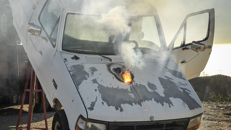 This image of a destroyed truck, released by Lockheed in 2015 and said to be the result of its 'ATHENA