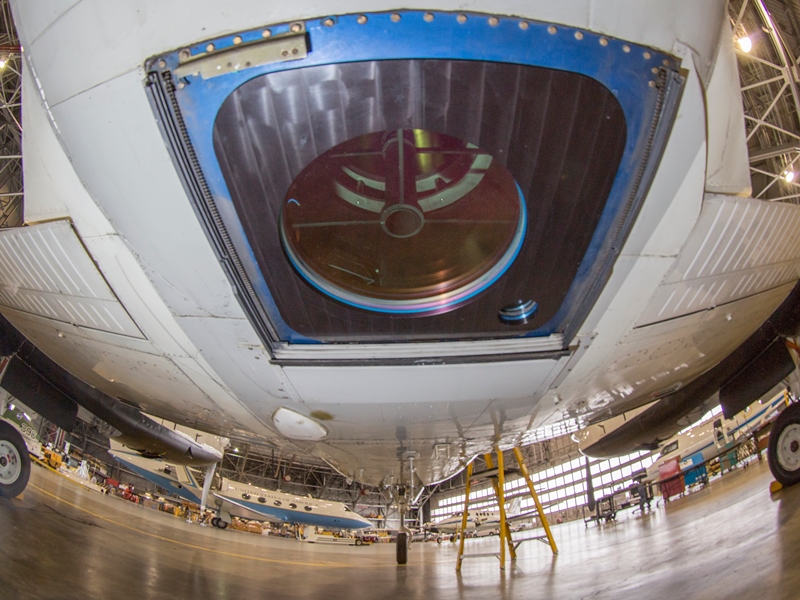 The triple-pulse lidar was fired through this window in the belly of the B200 aircraft. The 2-micron wavelength, diode-pumped source delivers each of the three pulses within 200 microseconds. Photo: NASA/David C. Bowman.