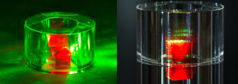 (Left) The maser is activated by green laser light; the red light is fluorescence from the NV centers; (right) the diamond is held inside a sapphire ring before the laser is used. Image: Photo credits: Thomas Angus / Jonathan Breeze, Imperial College London.