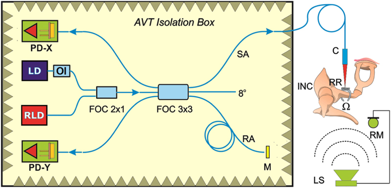 The Austrian-Serbian solution, as described in Biosensors and Bioelectronics, Volume 103, 30 April 2018, Pages 176-181. Highlights:
1. A fiber-optic sensing system was used for in-vitro and in-vivo investigation of acoustical response.
2. A non-contact fiber-optic sensor was designed to serve as a microphone implanted inside the middle ear.
3. The histological examination demonstrated the aiming of the implantable fiber has been preserved.