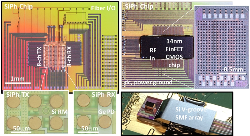 Details of imec's hybrid FinFET/silicon photonics transceiver assembly, revealed at a technology conference in Hawaii last month. Images: imec.