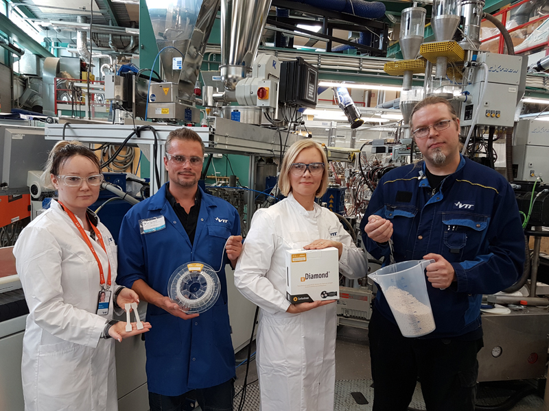VTT Polymer Pilot unit employees: Sini-Tuuli Rauta, Jari-Pekka Kankaanp&egrave;&egrave;, Satu Pasanen and Timo Flyktman. image: VTT.