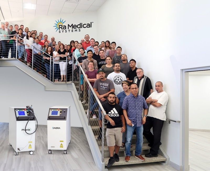 The 75-strong Ra Medical Systems workforce, seen here at the company's Carlsbad, California, headquarters. If the planned IPO is a success, there should be a major expansion of sales and marketing efforts and support for further clinical trials of the firm's excimer laser treatment for peripheral artery disease - blocked arteries in the limbs that lead to heart attacks, strokes, and amputations. Image: Ra Medical Systems via Twitter.
